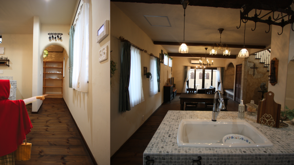 陶器のシンクを備えた造作キッチンからリビングの眺め