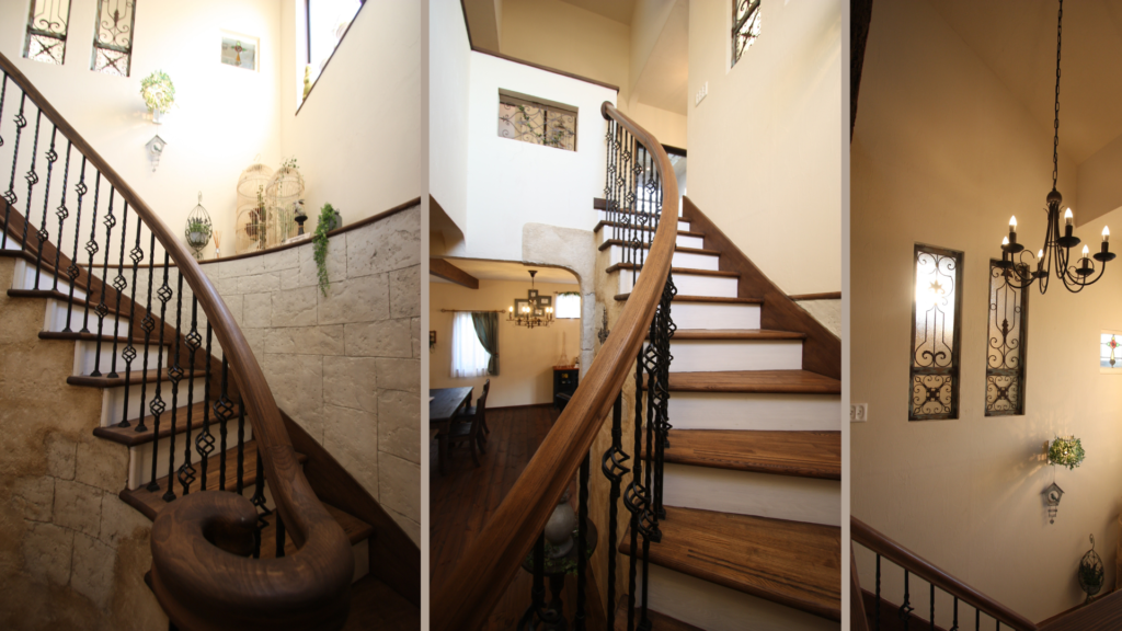 緩やかなカーブを描く階段はまるでオブジェのように美しい