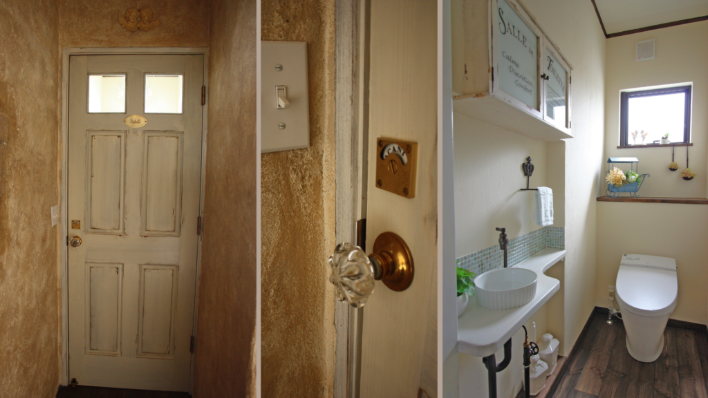 造作ドア、ガラスのドアノブ、お洒落なトイレ空間