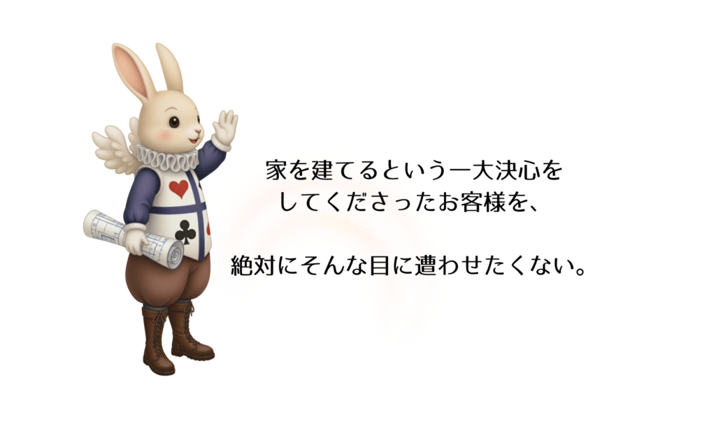 家を建てるという一大決心を
してくださったお客様を、

絶対にそんな目に遭わせたくない。